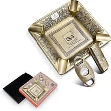 Image of Cigar Ashtray Set 3 Piece Classic Carved with Sharp Cigar Cutter and Windproo...