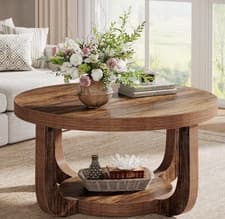 Image of Round Coffee Table, 2-Tier Wooden Circle Rustic Brown Table For Living Room