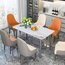 Image of Dining Table and Chairs Set Marble Rectangle Kitchen Table Leather Dining Chairs