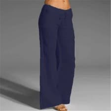 Image of NEW Women Cotton Linen Trousers Ladies High Waist Holiday Baggy Wide Leg Pants