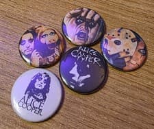 Image of 5 Alice Cooper Heavy Metal Rock Button badges / pin badges 25mm / 1 inch Pi S