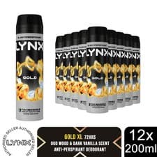 Image of Lynx XL Gold Anti Perspirant Body Spray 200ml 12 Pack Mens Deodorant 72H Protect