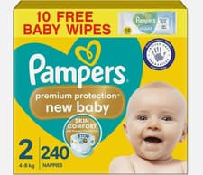 Image of Pampers Premium Protection New Baby Size 2, 240 Nappies, 4kg-8kg, Monthly Pack +