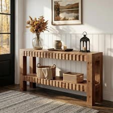 Image of 63 Inch Solid Wood Console Table, 2-Tier Narrow Farmhouse Entryway Sofa Table