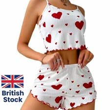 Image of Womens 2 Piece Pyjama Set Heart Print Top Shorts Nightwear PJs Lounge Set UK