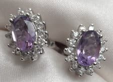 Image of Natural 0.7 Ct Amethyst Oval CZ Pave Stud 925 Sterling Silver Earrings