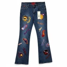 Image of LE MORE Vintage 90's Size 9 Embroidered NBA Patch Flare Jeans Retro Y2K Style