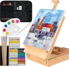 Image of Kuyal Wood Box Easel Artists Painting Set with 18 Acrylic Oil Paint Colors, 12 C