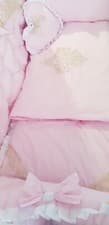 Image of LUXURY BABY BLUE PINK BEIGE GOLD EMBROIDERY QUILTED COT BED BEDDING SET BOW LACE
