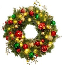 Image of 40cm Battery-Operated Christmas Wreath with 40 LED Lights & Timer - Red Gold