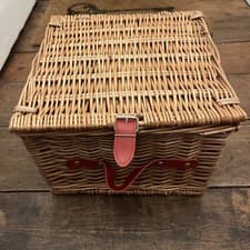 Image of Square Wicker Picnic Hamper Basket with Red Handle and Matching Fastening Clasp