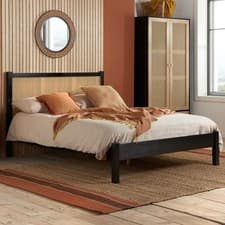 Image of Birlea Croxley King Size Bed Black & Oak Rattan | Rattan Headboard | Solid