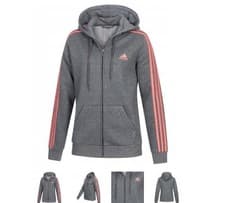 Image of Adidas Essentials 3-Stripes Full-Zip Hoodie, Grey/Wonred, UK S