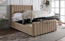 Image of OTTOMAN STORAGE BED PANEL PLUSH VELVET UPHOLSTERED BED FRAME- WINGED HEADBOARD