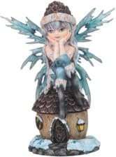 Image of 8.75" Light Blue Fairy Figurine - Sitting on Hut with Snow Trinket Box Decor