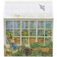 Image of Beatrix Potter Peter Rabbit Greenhouse Shaped Storage Tin Metal Collectable