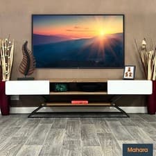 Image of XL Large TV Stand for Up To 95" TVs - 2m Wide Natural Walnut Wood & Gloss White
