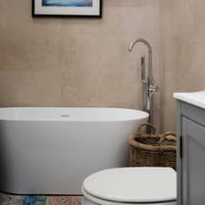 Image of Floor Standing Bath Mixer Tap with Shower Handset, Curved Chrome Brassware, Eco