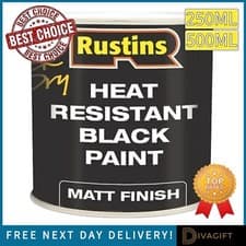Image of RUSTINS QUICK DRY HEAT RESISTANT BLACK PAINT MATT FINISH 250ML 500ML TINS NEW
