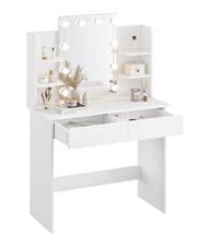 Image of LED Lights Dressing Table with 2 Drawers & Open Shelves Vanity Table Makeup Desk