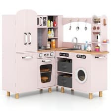 Image of Corner Play Kitchen for Kids Wooden Kitchen Playset w/Lights & Sounds Pink