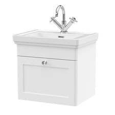 Image of Wall Mounted 500mm 1 Drawer Satin White Vanity Unit & Wash Basin 1 Tap Hole Sink