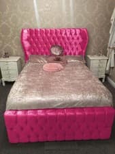 Image of Stylish Crushed Velvet Wing Back Bed, Chesterfield Bed Frame, Upholstered Bed