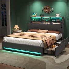 Image of Upholstered Bed 4ft6 Double Bed Frame with Storage Drawers & LED Headboard Grey