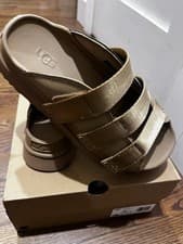 Image of Ugg Size 9 Goldenglow Platform Slide Sandal New In Box Triple Strap Dark Sand