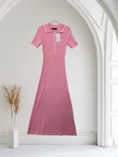 Image of Women’s Pink Polo Maxi Dress Size Medium Soft Ribbed Knit Short Sleeve NWT