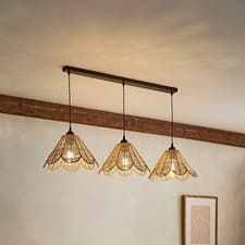 Image of Vine Rattan Wicker Flower 3 Way Drop Bar Matte Black Ceiling Pendant Light LED