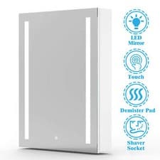 Image of LED Bathroom Mirror Cabinet with Shaver Socket Demister Sensor Lights Vertically