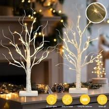 Image of New 2pcs White Christmas Tree With Lights Tabletop Birch Tree With 24 Warm Color