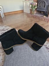 Image of UGG Black Suede Small Block Heel Ankle Boots with Wool Fur Lining. Brand New