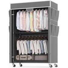 Image of Heavy Duty Double Clothes Rail with Cover Garment Rack Open Wardrobe with Wheels