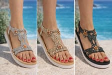 Image of Womens Platform T-Bar Sandals Diamante Flower Embellished Comfort Summer Holiday