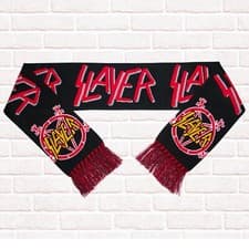 Image of Slayer black embroidered scarf, Thrash Metal merch. Pentagram accessory.