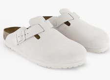 Image of BNIB BIRKENSTOCK BOSTON SOFT FOOTBED CLOGS SIZE 5.5  NARROW MODERN WHITE SUEDE