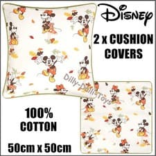 Image of 2x Disney Mickey Mouse & Minne Cushion Covers White Green Leaf Autumn 50 x 50cm