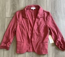 Image of NWT Candie’s Open Blazer Jacket Women's Size XS 3/4 Ruched Sleeve Lace Detail