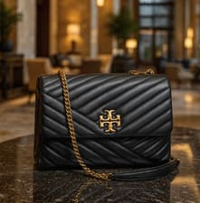 Image of NEW Tory Burch Kira Chevron Black Leather/Rolled Brass Crossbody/Shoulder Bag