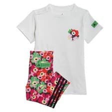 Image of Adidas X Marimekko Girls Summer Outfit Kids Sport Set Shirt Leggings Flowers