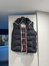 Image of Superdry Black Padded Fur Trim Hood Gilet S with Plaid Lining