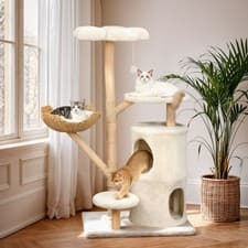 Image of Modern Cat Tree Tower Large Solid Wood Cat Scratching Post Activity Center Condo