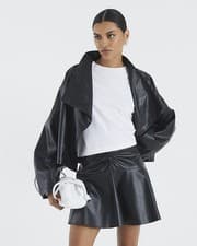 Image of River Island Womens Mini Skirt Black Faux Leather Ruched Zip Fastening Bottom