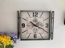 Image of 40cm Metal World Map Wall Clock - Arabic Dial Distressed Silver Travelling Gift