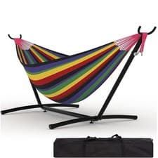 Image of Portable Double Hammock with Steel Stand 350lb Capacity for Outdoor w/Carry Bag
