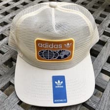 Image of Adidas Originals Globe Box Logo A Frame Mesh Back Trucker Snapback Hat