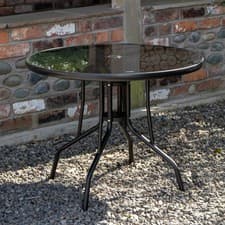 Image of 4 Person Round Black Garden Table with Glass Top & Parasol Hole