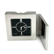 Image of GUCCI Travel Square Watch Alarm Clock Silver Black Quartz With Box & Case New